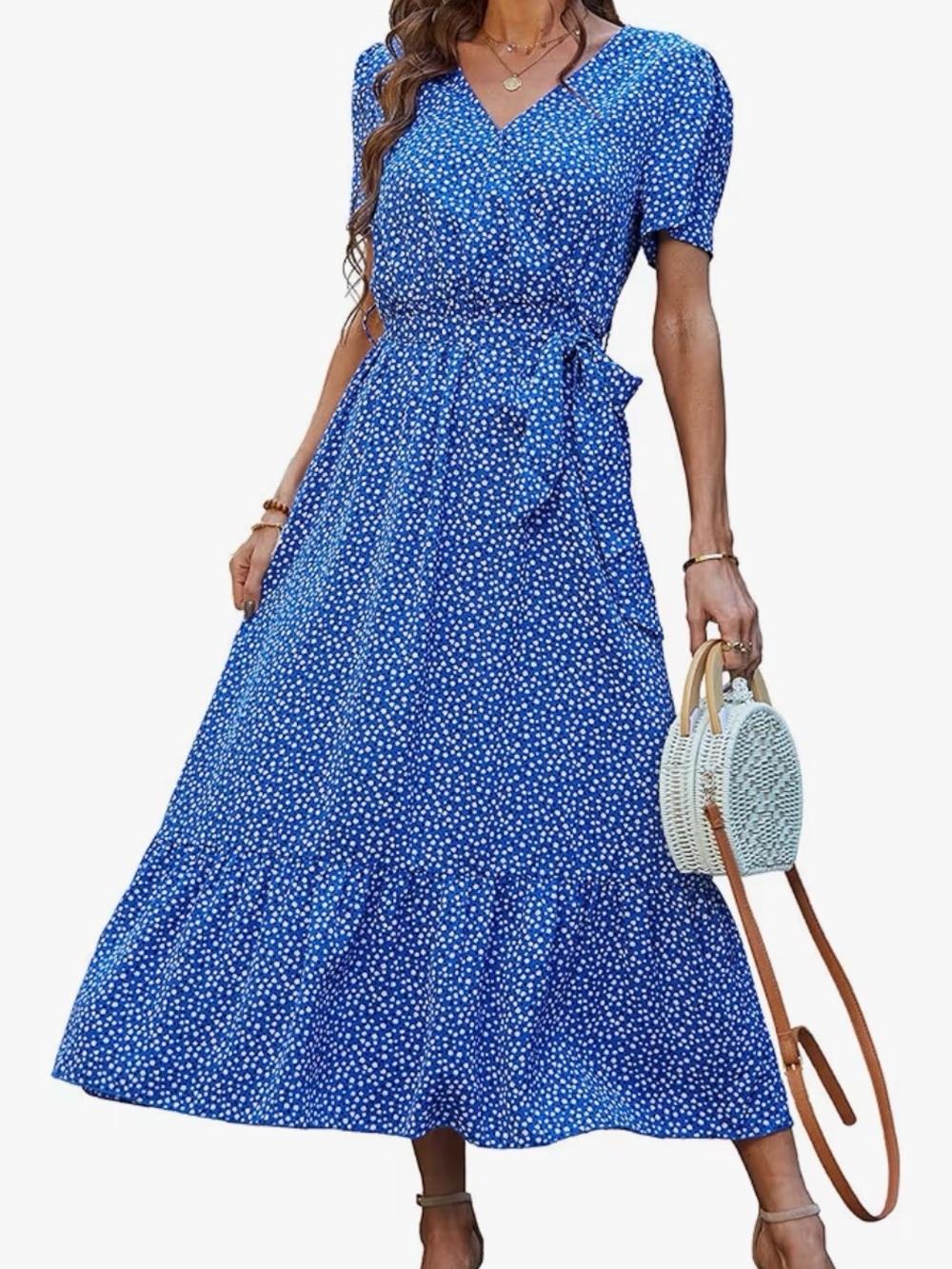 Blue Floral V-Neck Maxi Wrap Dress with Tie Waist